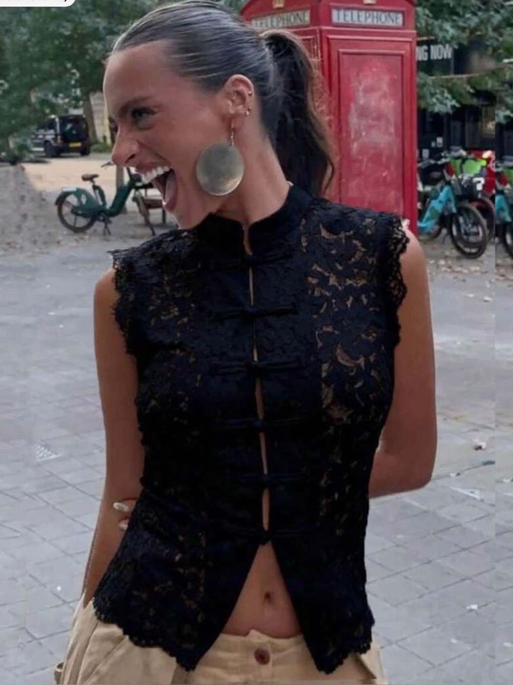lace floral mandarin collar split tank
